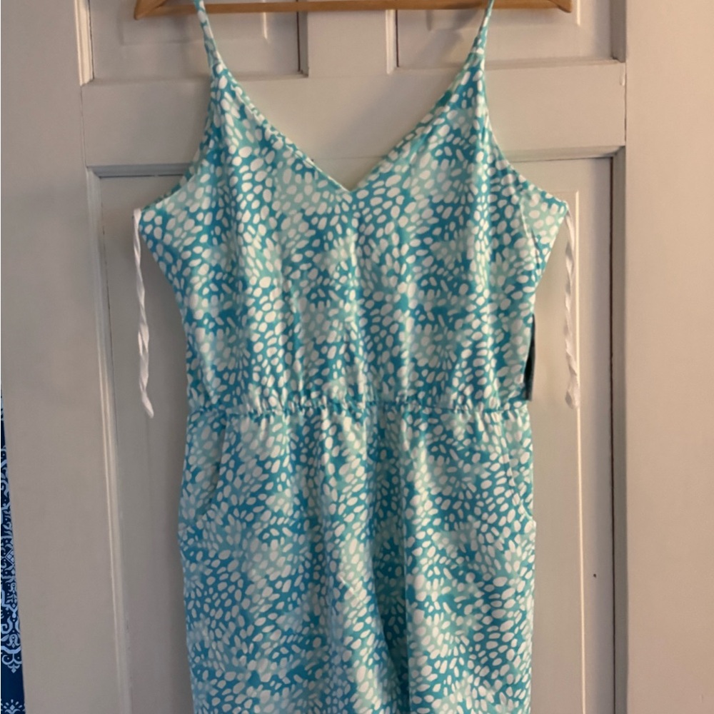 Blue and White Sleeveless Romper